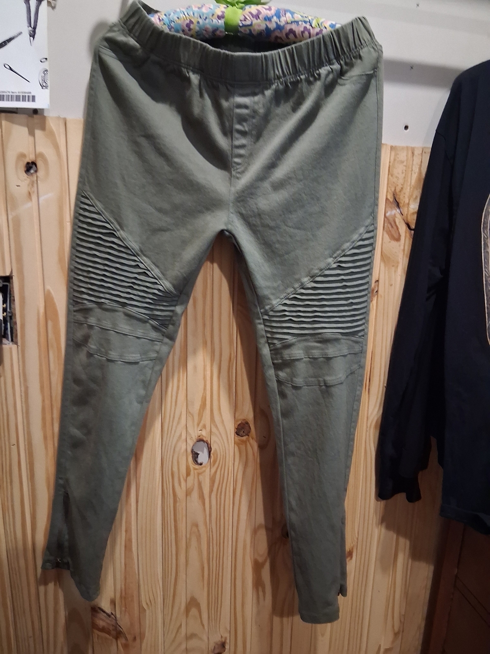 Tickled Teal Olive Green Straight Leg Moto Ribbed Pants